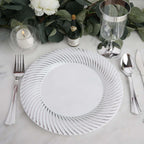 10-Pack Plastic 9" Round Dinner Plates White with Silver Swirl Rim - Disposable Party Plates