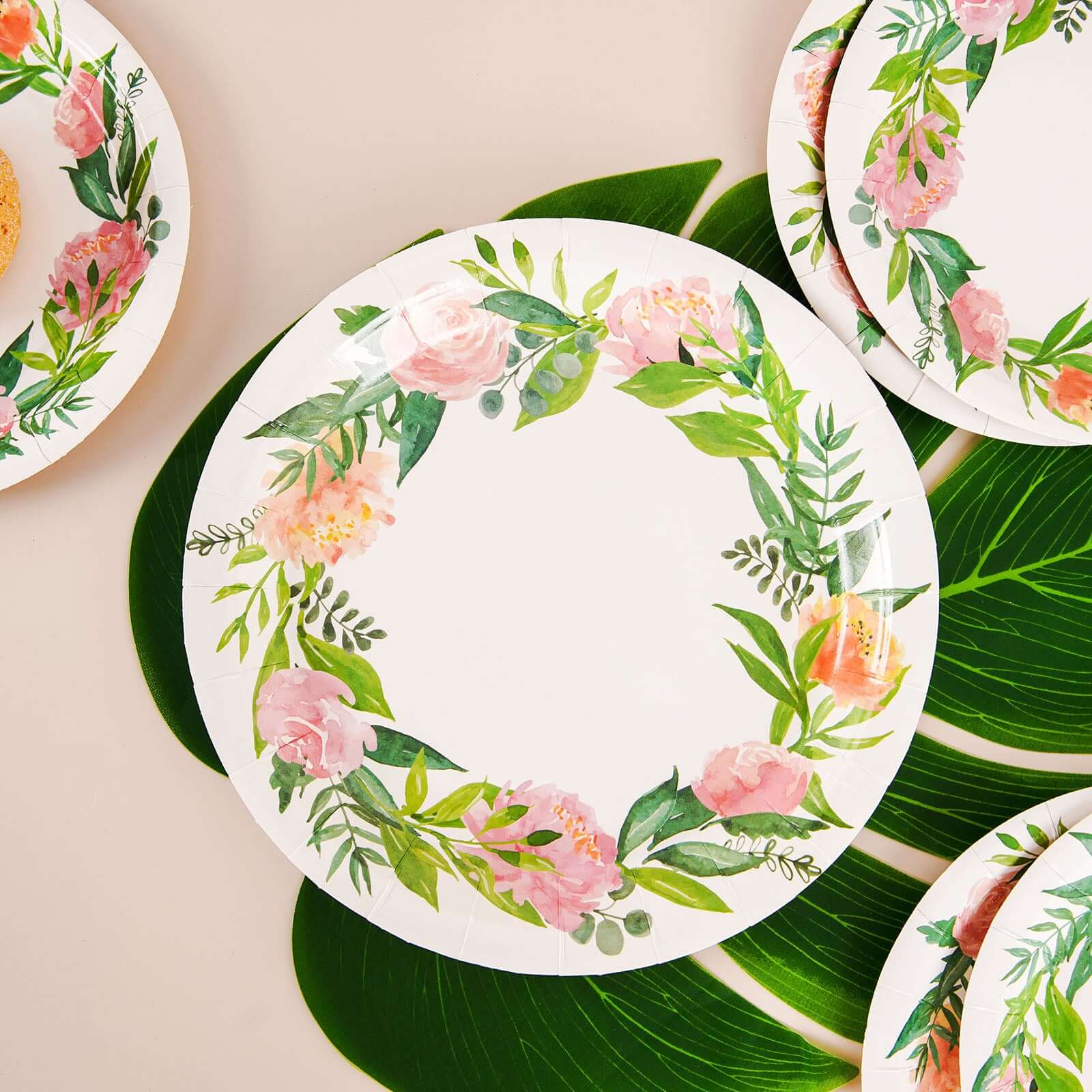 25-Pack Paper 9" Round Dinner Plates in White with Rose/Peony Flower Wreath - Disposable Party Plates for Bridal Showers & Garden Parties