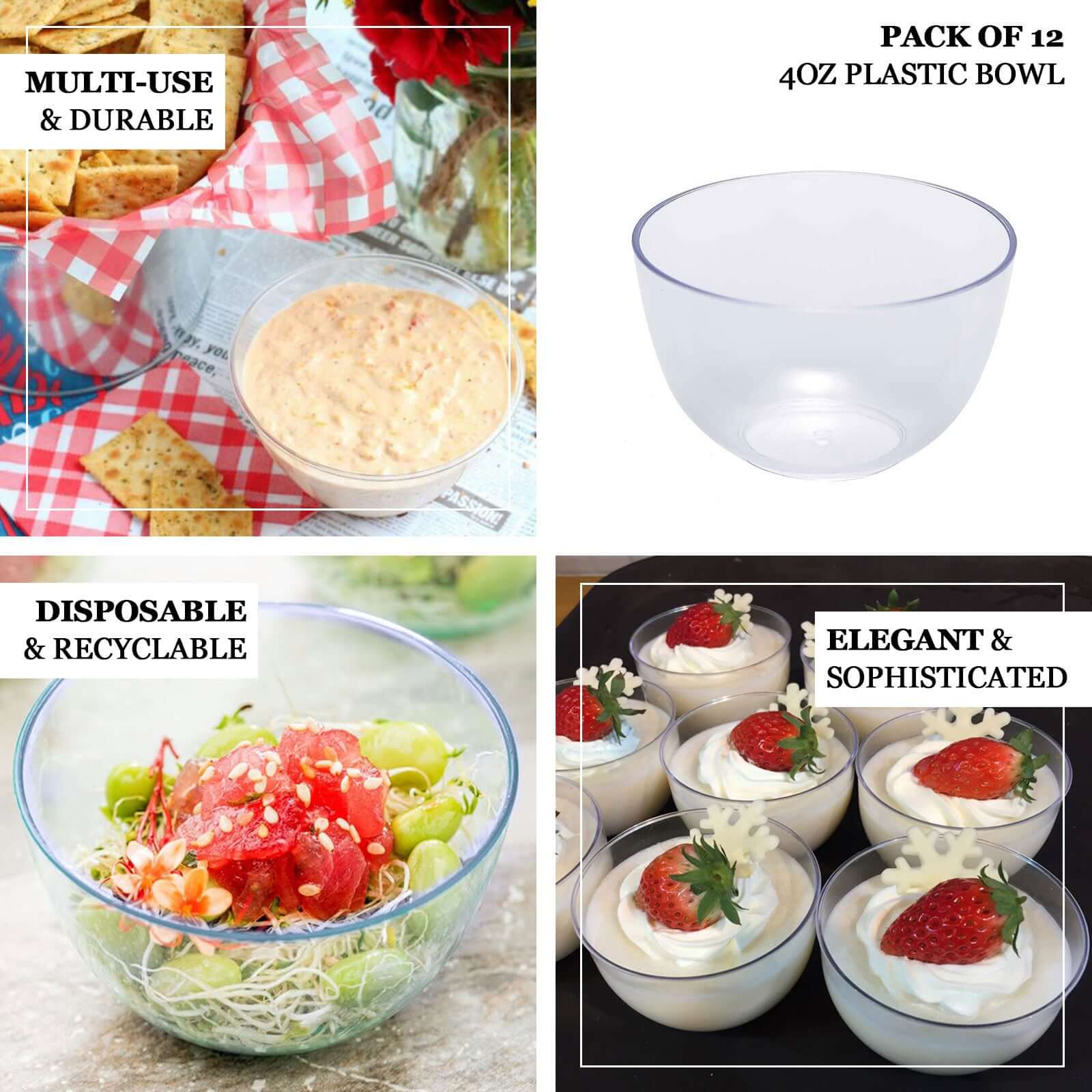 12-Pack Plastic Mini Snack Bowls Clear - Compact Disposable Bowls for Parties 4oz
