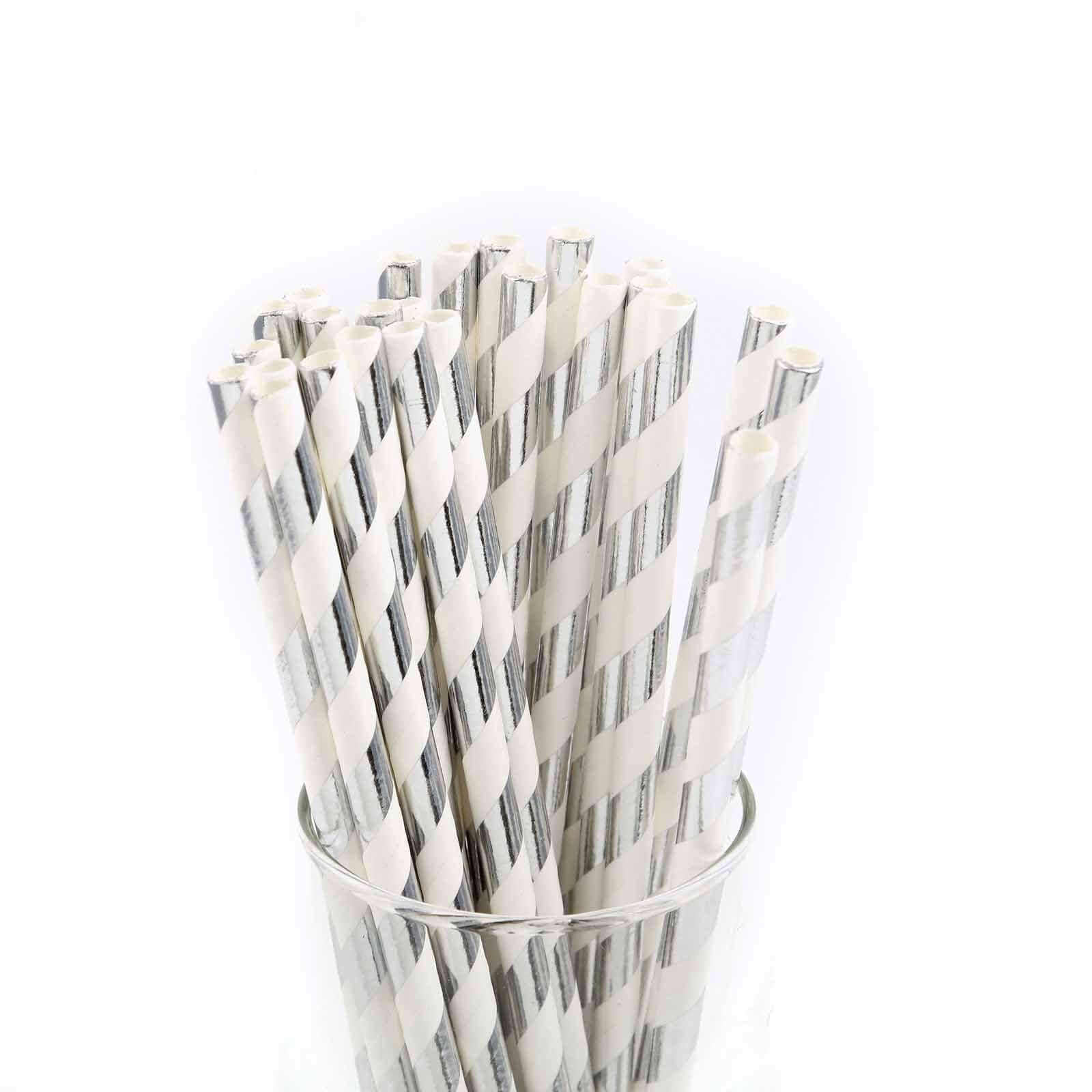 25-Pack Paper Straws White/Silver Striped - Stylish Disposable Straws for Drinks 8"