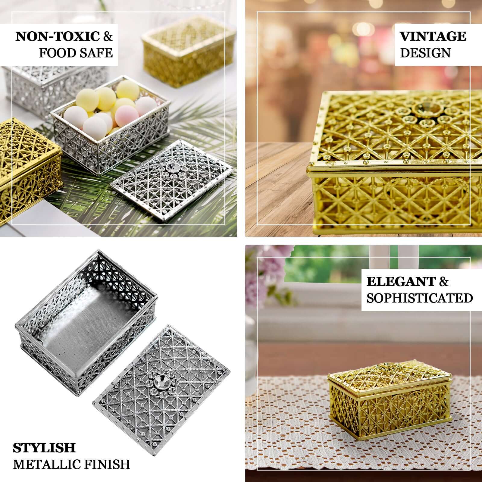 12-Pack Vintage Rectangular Candy Containers Gold - Decorative Hollow Favor Boxes for Jewelry 3"