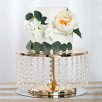 Metal Cake Stand Round Design Metallic Gold with Crystal Chains 14" Dia - Cupcake Dessert Pedestal 8" Tall