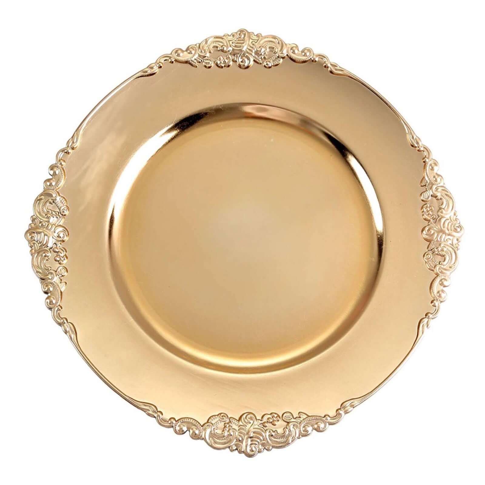 6-Pack Acrylic Round Charger Plates 13" in Gold with Embossed Baroque Rim, Antique Decorative Dinner Party Charger Tableware