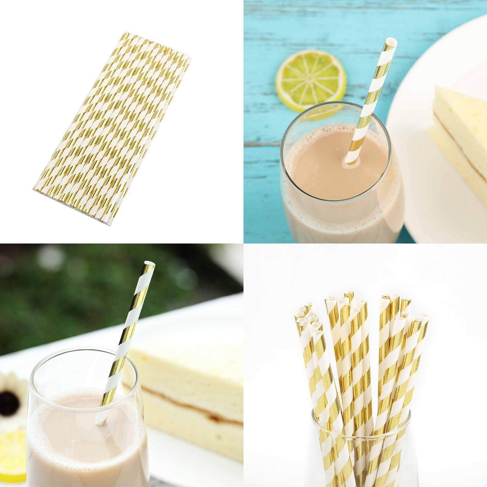 25-Pack Paper Straws White/Gold Striped - Stylish Disposable Straws for Drinks 8"