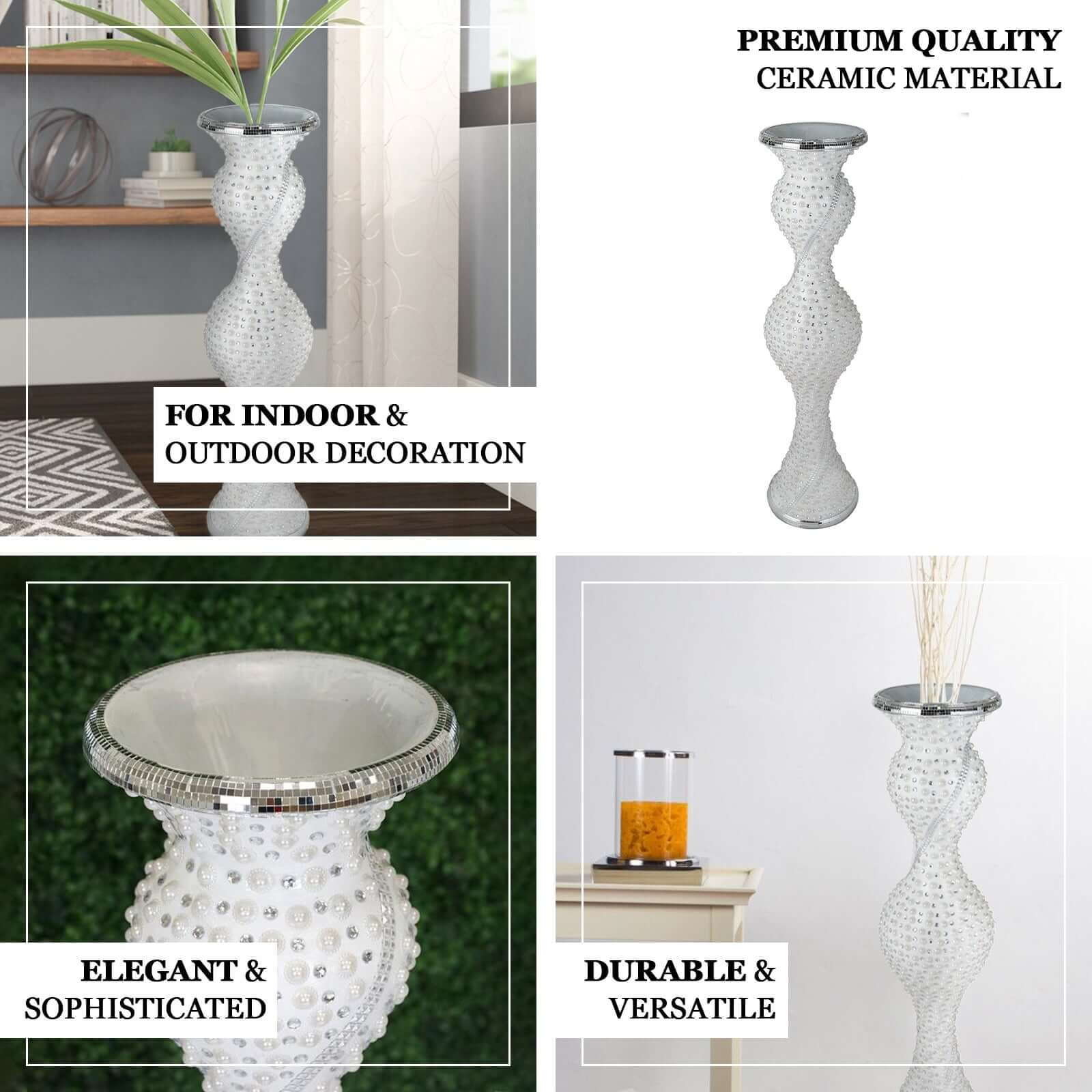 40" Magical Mermaid Style Mirror Mosaic and Pearl Studded Floor Vase