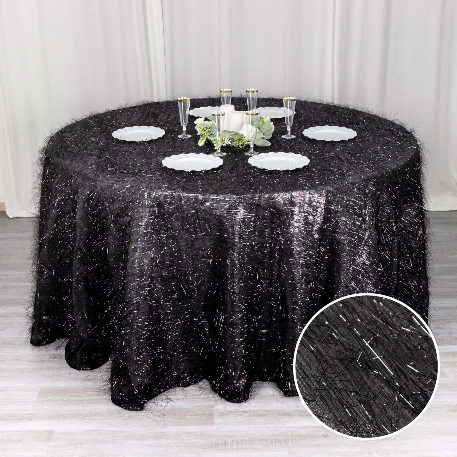 Polyester 120" Round Black Tablecloth Metallic Fringe Shag Tinsel Table Cover - Bell Racket Store