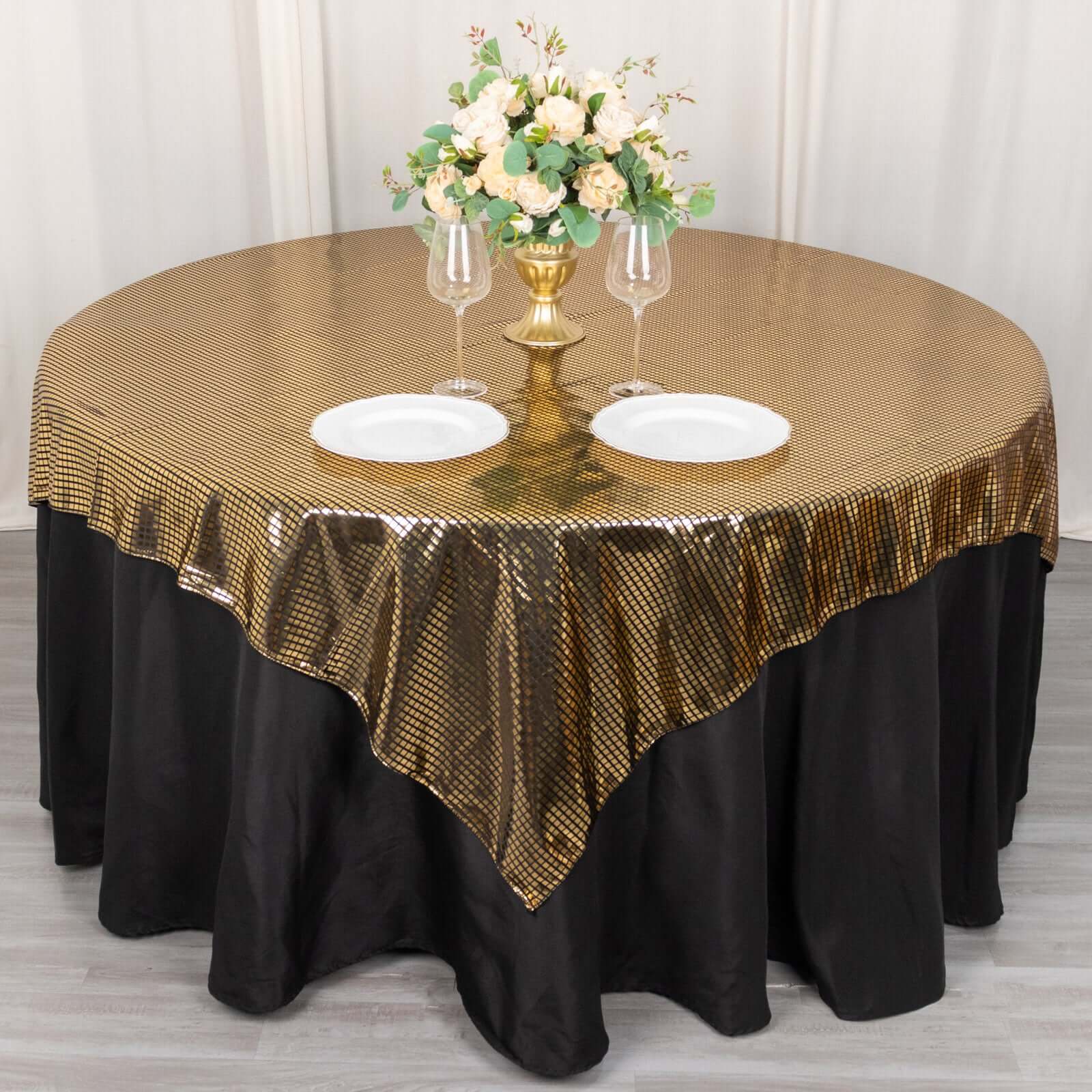 Polyester 72"x72" Table Overlay Square Tablecloth Black - Gold Foil Disco Mirror Ball Design for Stylish Celebrations - Bell Racket Store