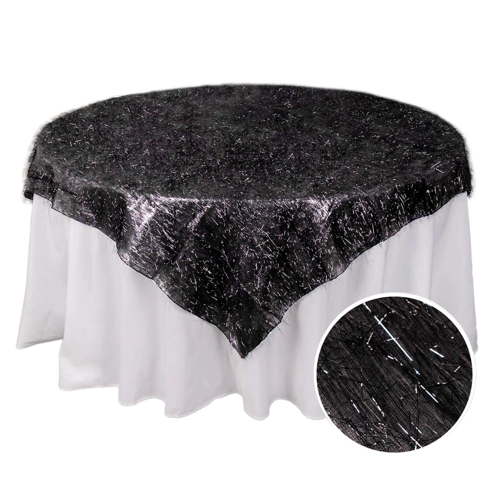Polyester 72"x72" Table Overlay Square Tablecloth Black - Metallic Fringe Shag Tinsel Table Cover - Bell Racket Store