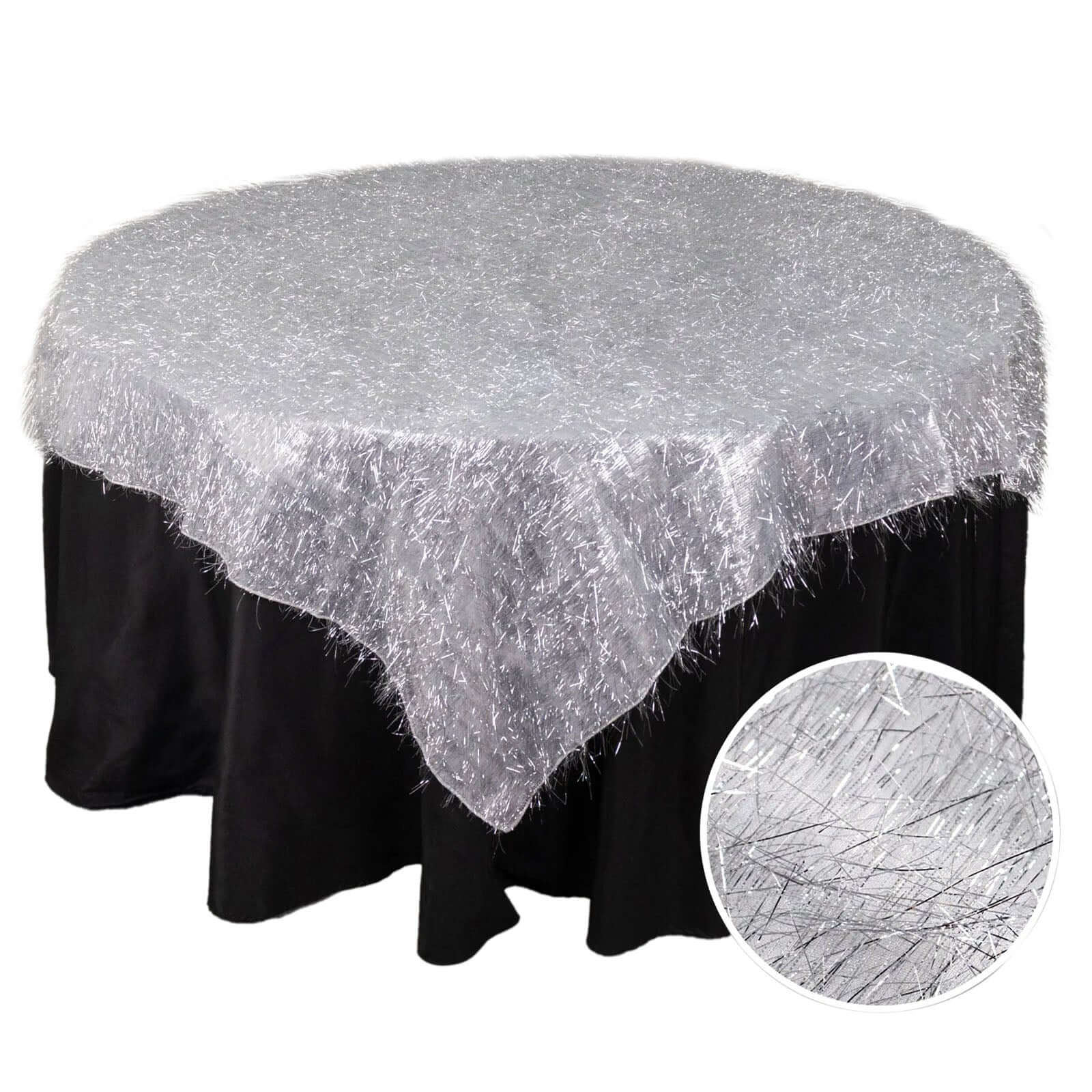 Polyester 72"x72" Table Overlay Square Tablecloth Silver - Metallic Fringe Shag Tinsel Table Cover - Bell Racket Store