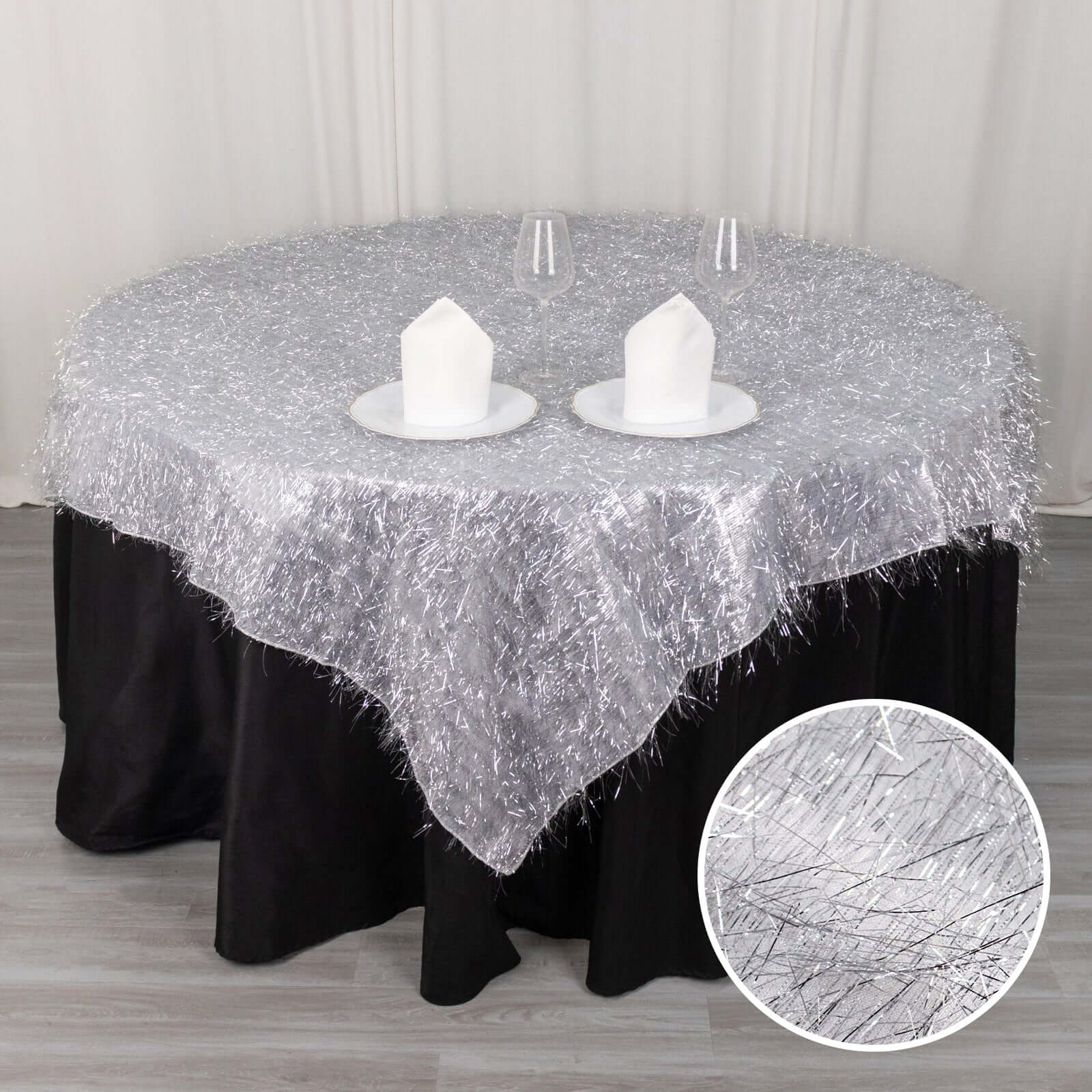 Polyester 72"x72" Table Overlay Square Tablecloth Silver - Metallic Fringe Shag Tinsel Table Cover - Bell Racket Store