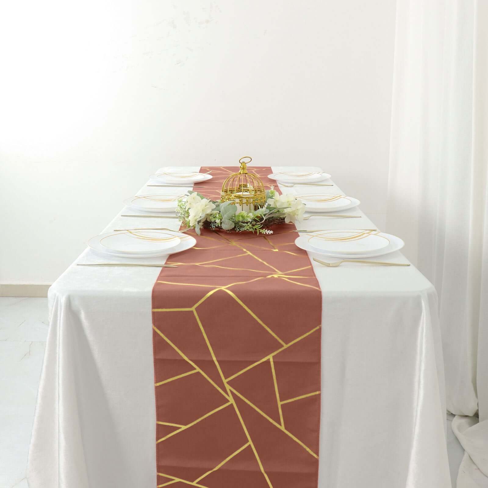 Polyester 9ft Table Runner Terracotta (Rust) with Gold Foil Modern Geometric Accent - Bell Racket Store
