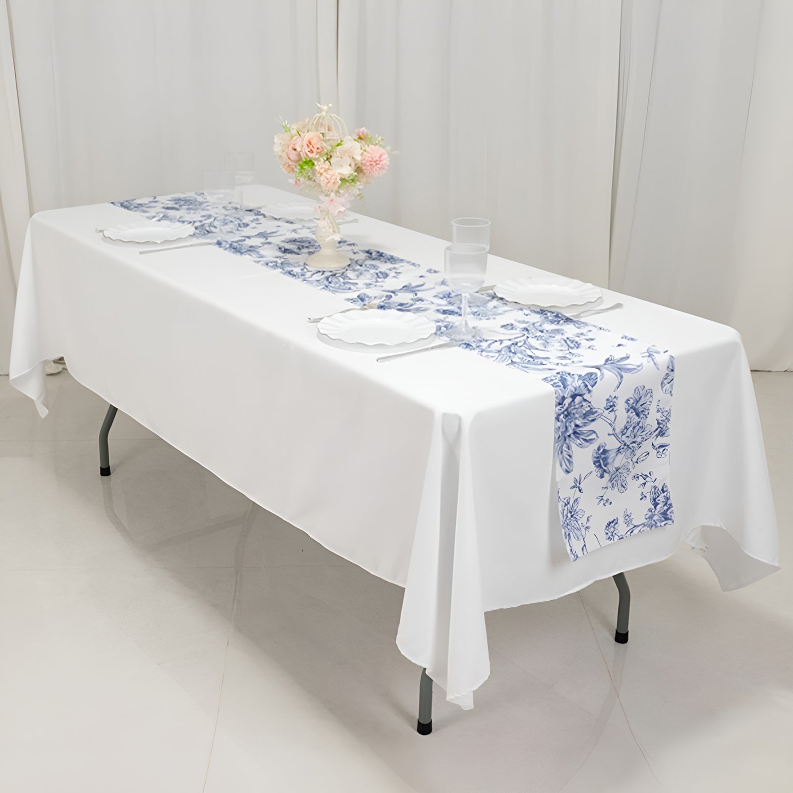 Polyester Table Runner 12"x108" White with Blue French Toile Floral Print - Stylish Reusable Table DÃ©cor - Bell Racket Store
