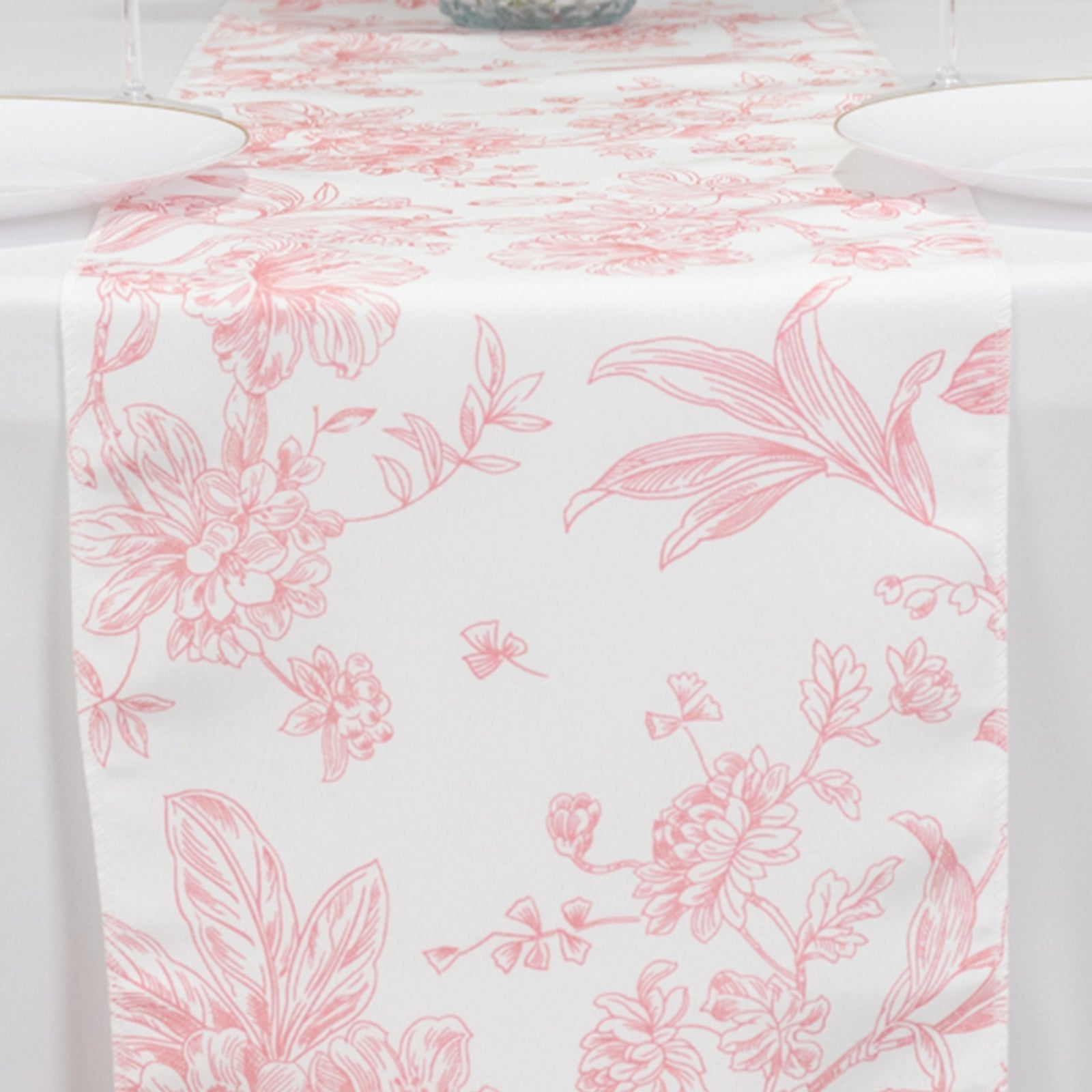 Polyester Table Runner 12"x108" White with Pink French Toile Floral Print Reusable Table DÃ©cor - Bell Racket Store