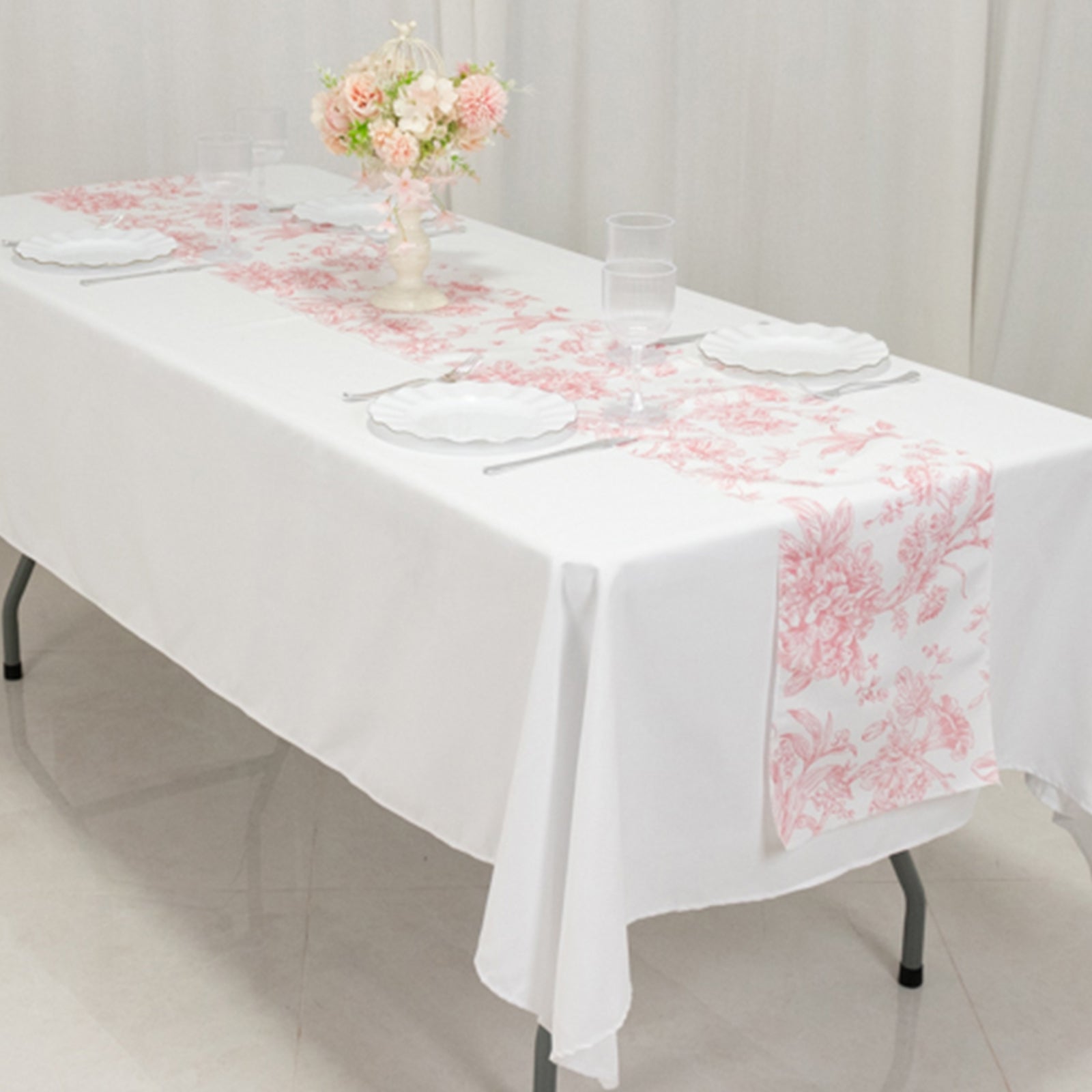 Polyester Table Runner 12"x108" White with Pink French Toile Floral Print Reusable Table DÃ©cor - Bell Racket Store