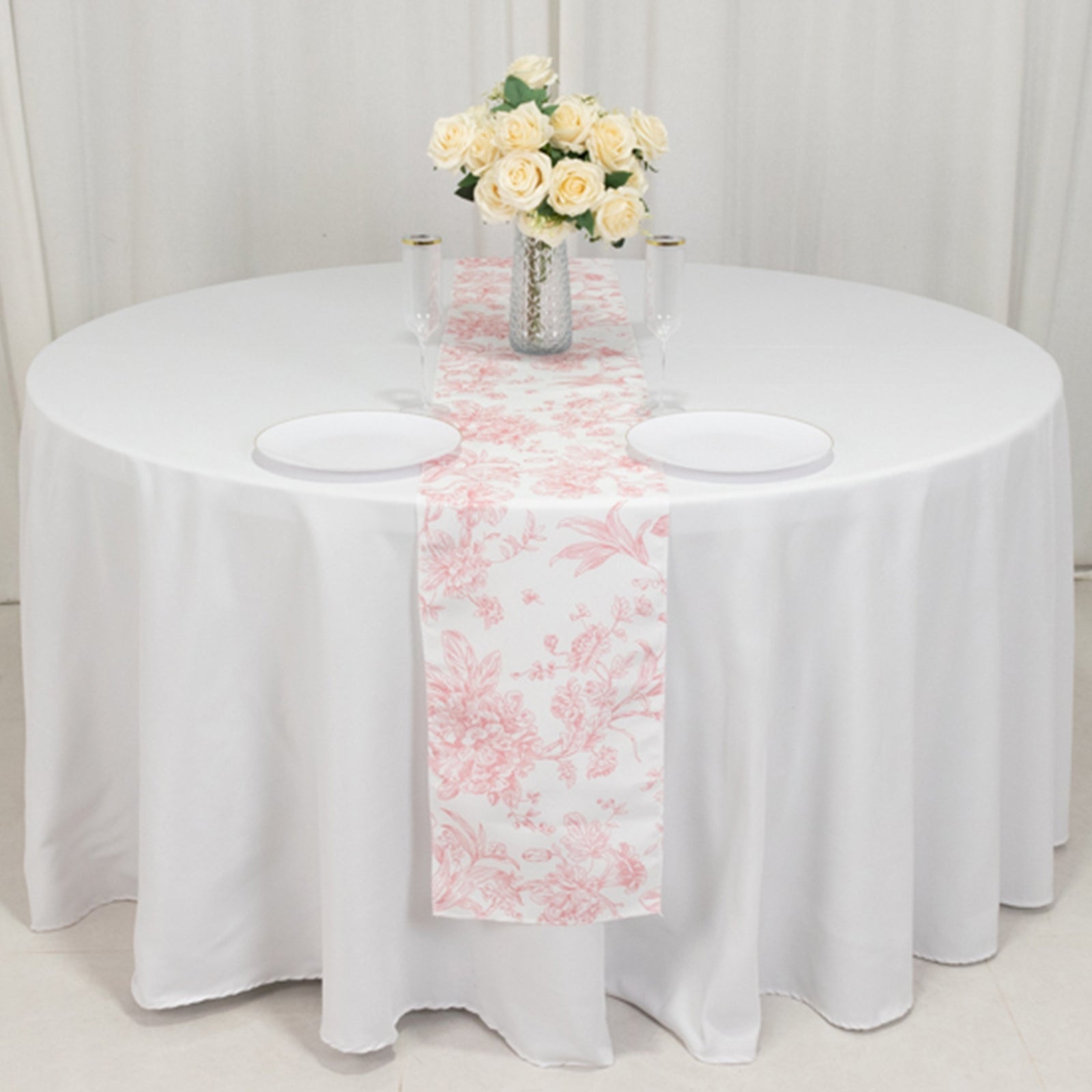 Polyester Table Runner 12"x108" White with Pink French Toile Floral Print Reusable Table DÃ©cor - Bell Racket Store