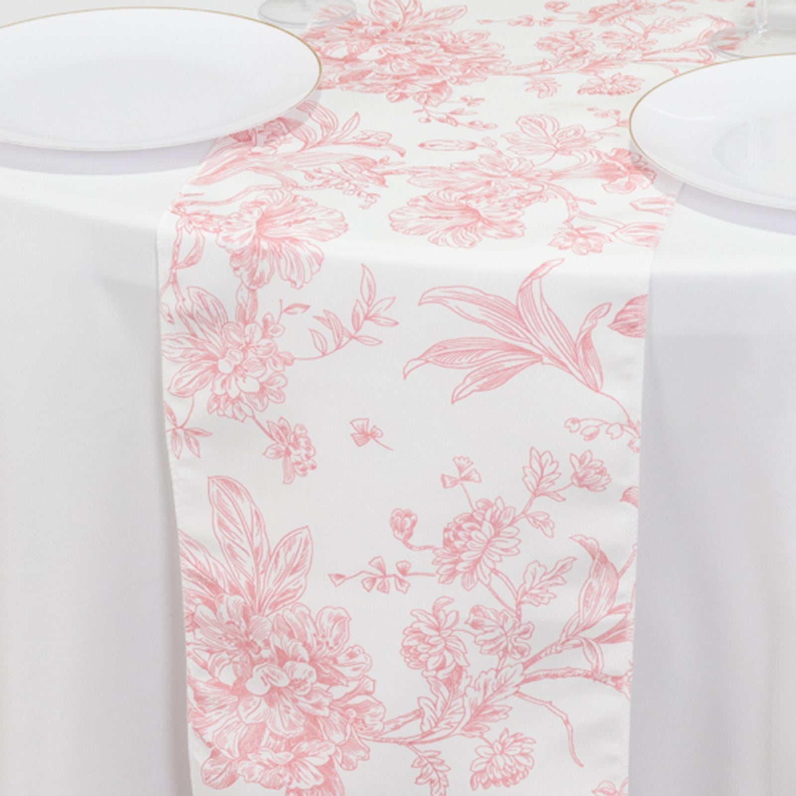Polyester Table Runner 12"x108" White with Pink French Toile Floral Print Reusable Table DÃ©cor - Bell Racket Store