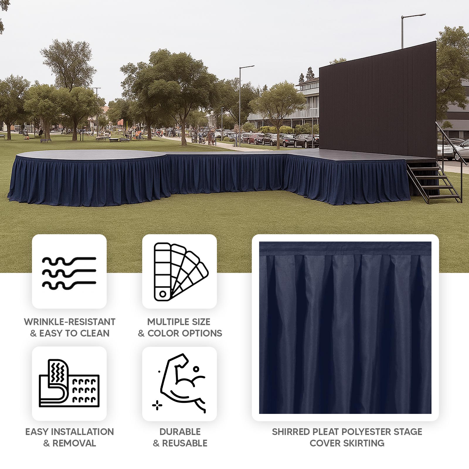 Portable Stage Skirt Navy Blue Polyester Platform Skirting Cloth for Events, Performances & Wedding Staging - 16"x10ft - Bell Racket Store