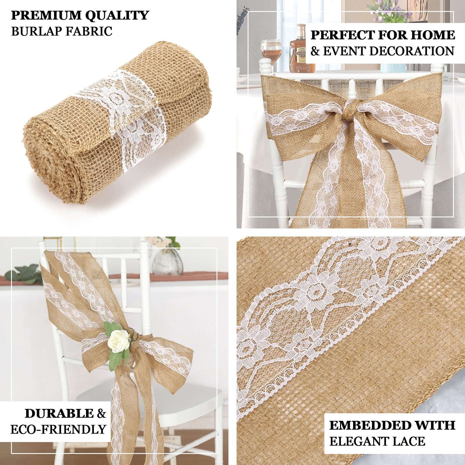 Natural Burlap Chair Sash 5"x108" with Lace Hessian Jute - Rustic Bow Design for Weddings & Gatherings