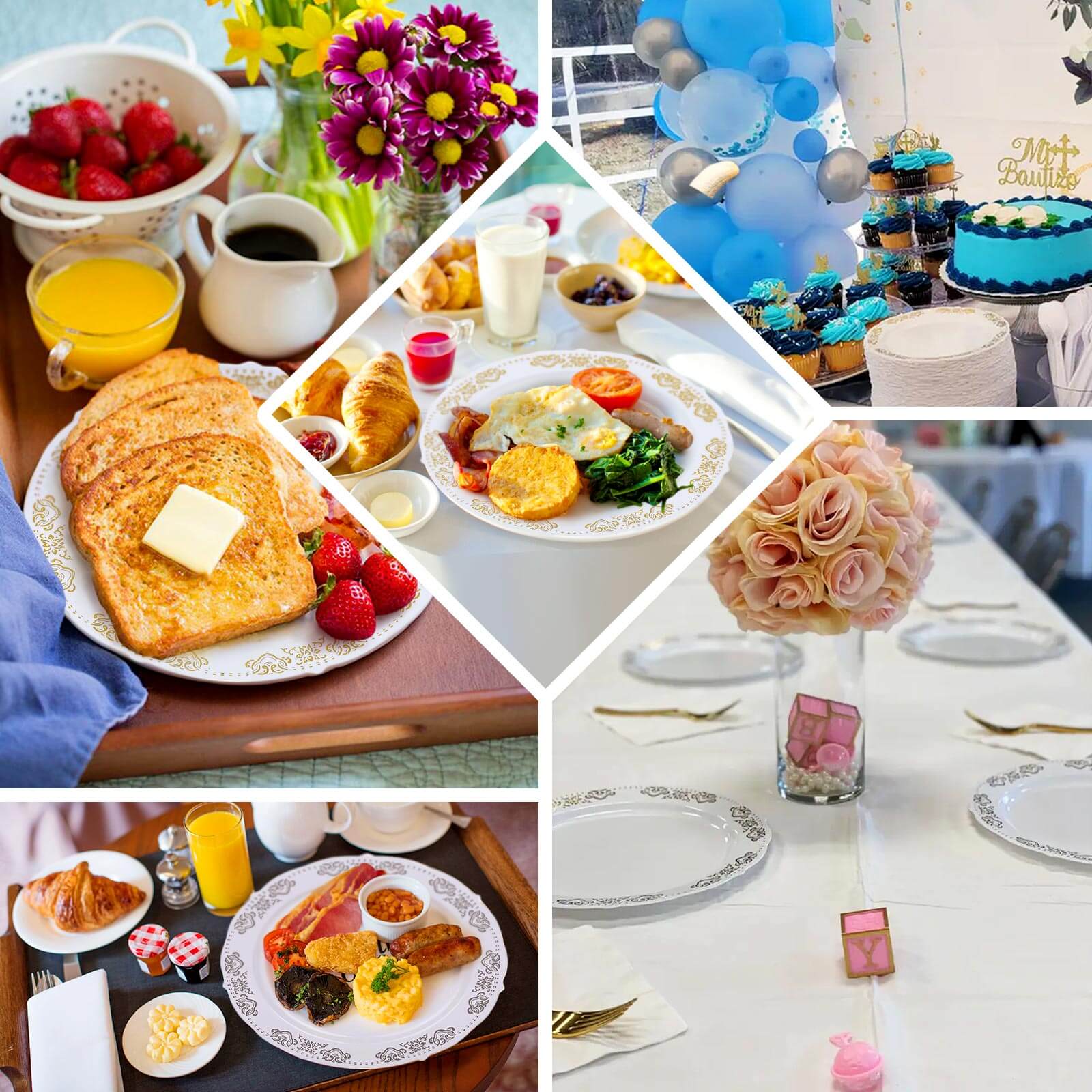 10-Pack Plastic 7.5" Round Appetizer Plates in White with Gold Embossed Scalloped Edge - Chic Disposable Salad Plates for Special Occasions & Banquets