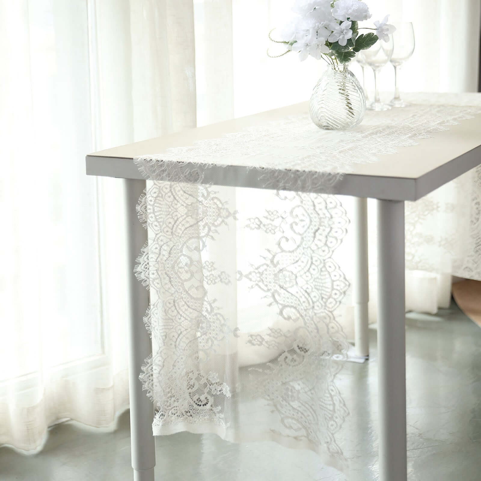 Premium Lace Fabric 15"x117" Table Runner Ivory - Scalloped Lace Elegance - Bell Racket Store