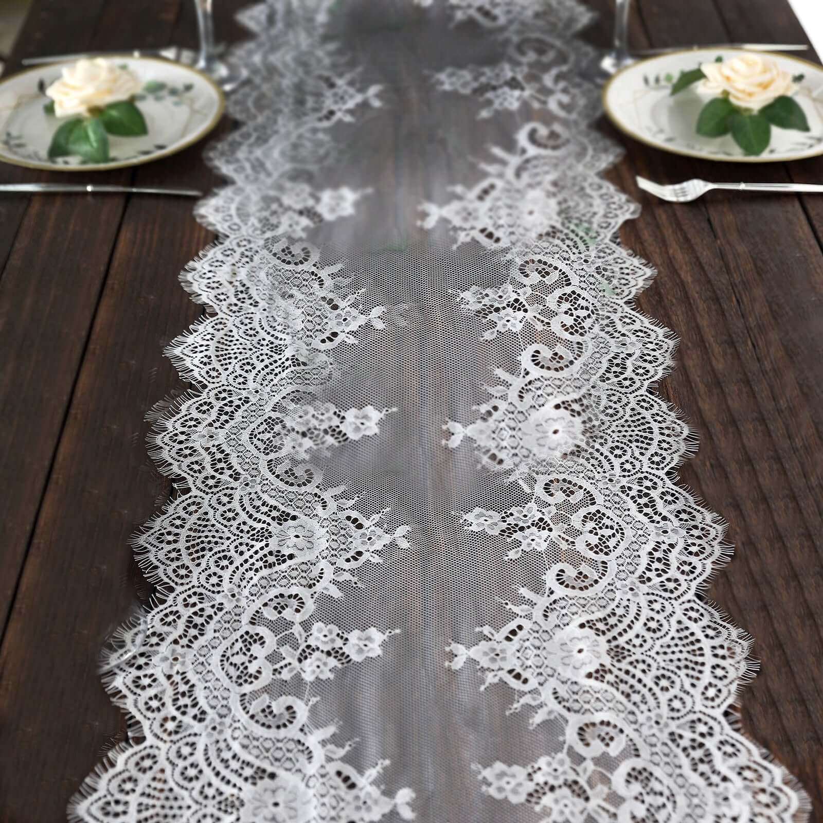 Premium Lace Fabric 15"x117" Table Runner White with Scalloped Frill Edges - Vintage Classic Table Decor