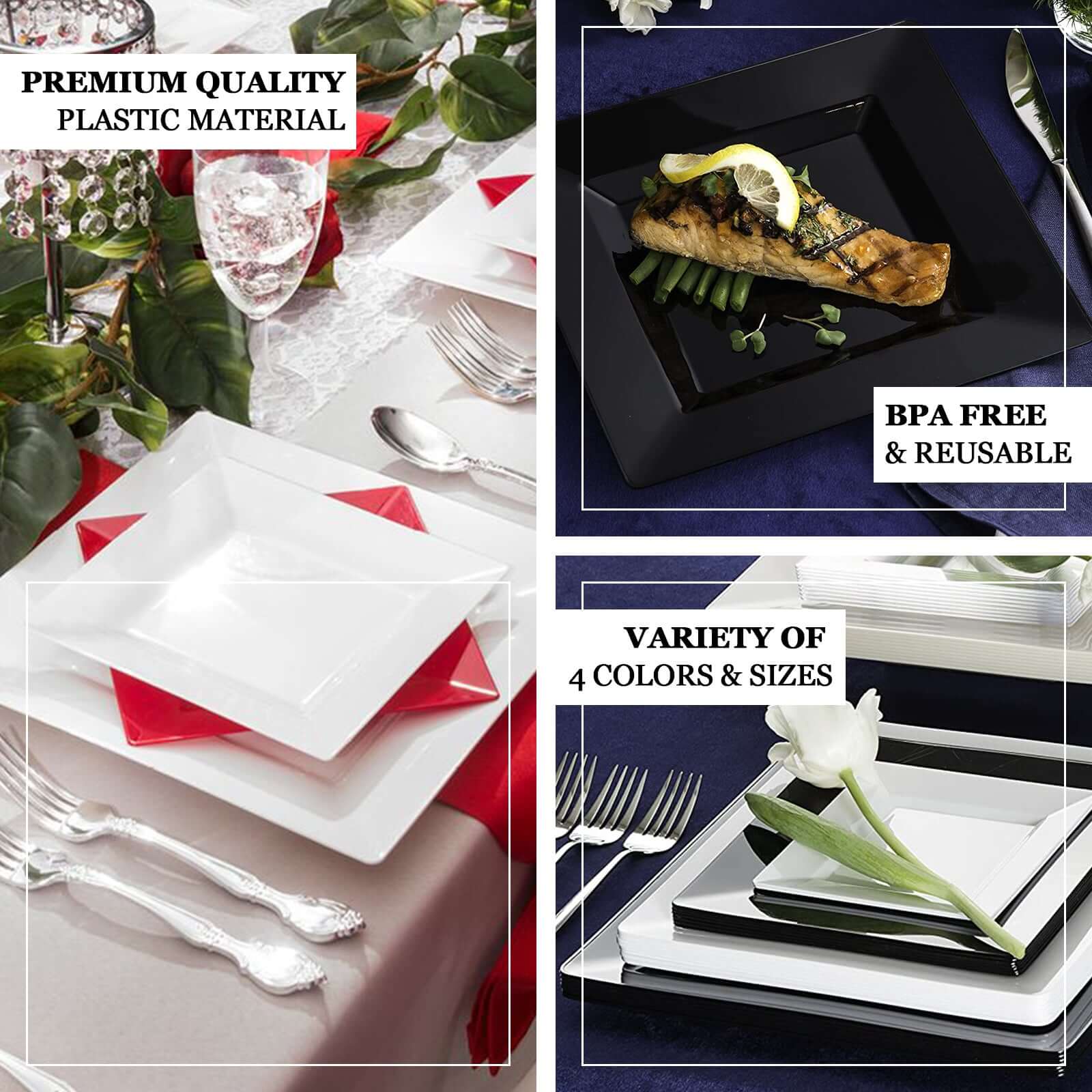 10-Pack Dessert Plates Square Design with Wide Rim Glossy White - Plastic Disposable Plates for Events 6"