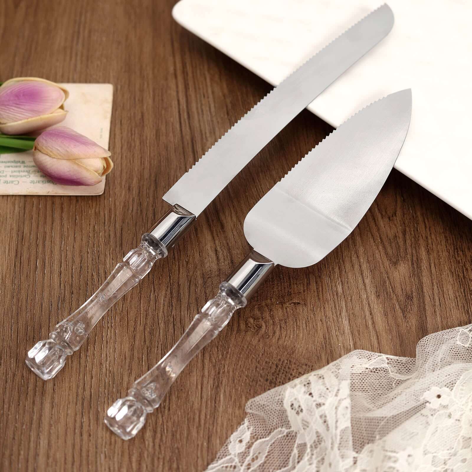 2 Set Knife and Server Stainless Steel with Clear Acrylic Handle - Party Favors with Gift Box 10" & 12"