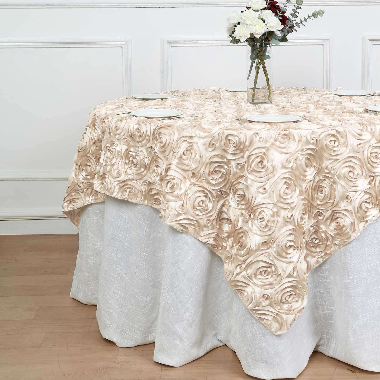 Satin 72"x72" Table Overlay Square Tablecloth Beige - 3D Rosette Table Cover