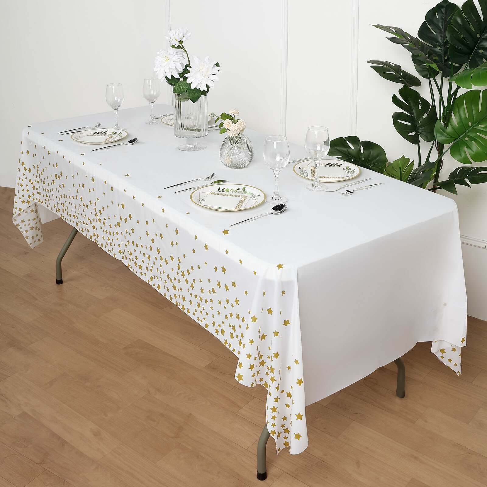 5-Pack Plastic Table Covers White Rectangle with Gold Stars - Decorative PVC Disposable Tablecloths 54"x108"