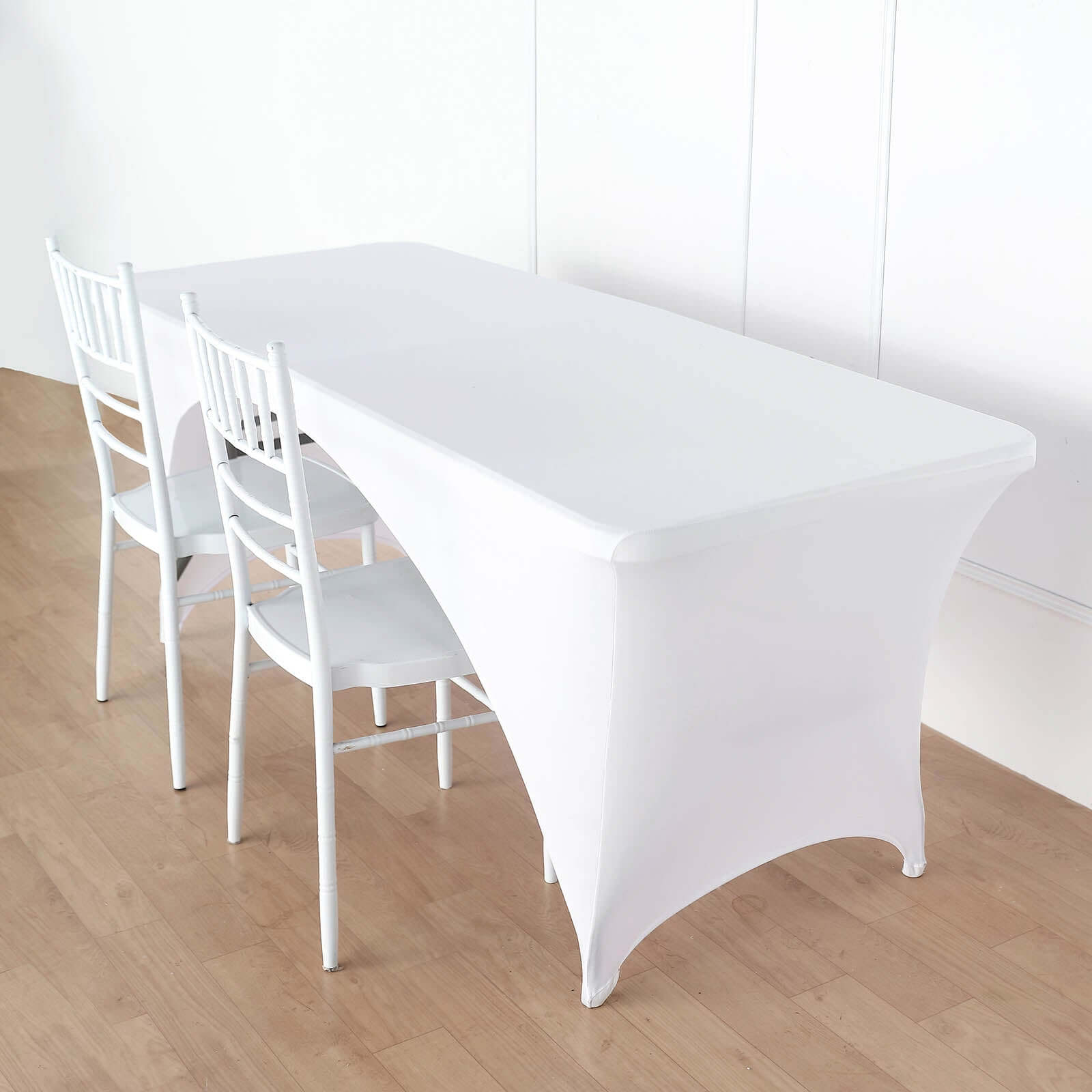 Stretch Spandex 72"x30" Rectangular Table Cover White with Curved Open Back Design Tailored Professional Look for Tradeshows, Events & Exhibitions
