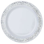 10-Pack Dessert Plates Lace Rim Design White with Silver - Plastic Disposable Appetizer Plates for Events 6"