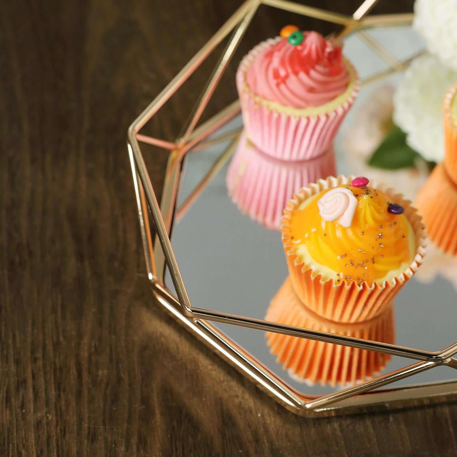 Metal Octagon Serving Tray 14"x9" in Gold with Mirrored Top, Sleek Decorative Vanity Tray Centerpiece