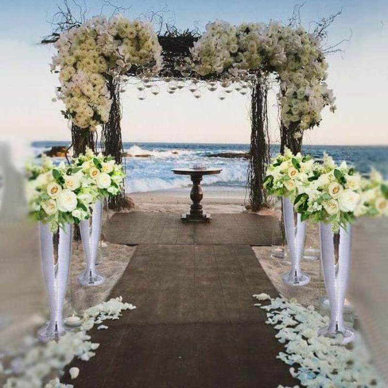 32" Tall Silver Polystone Mirror Mosaic Pedestal Trumpet Floor Vase