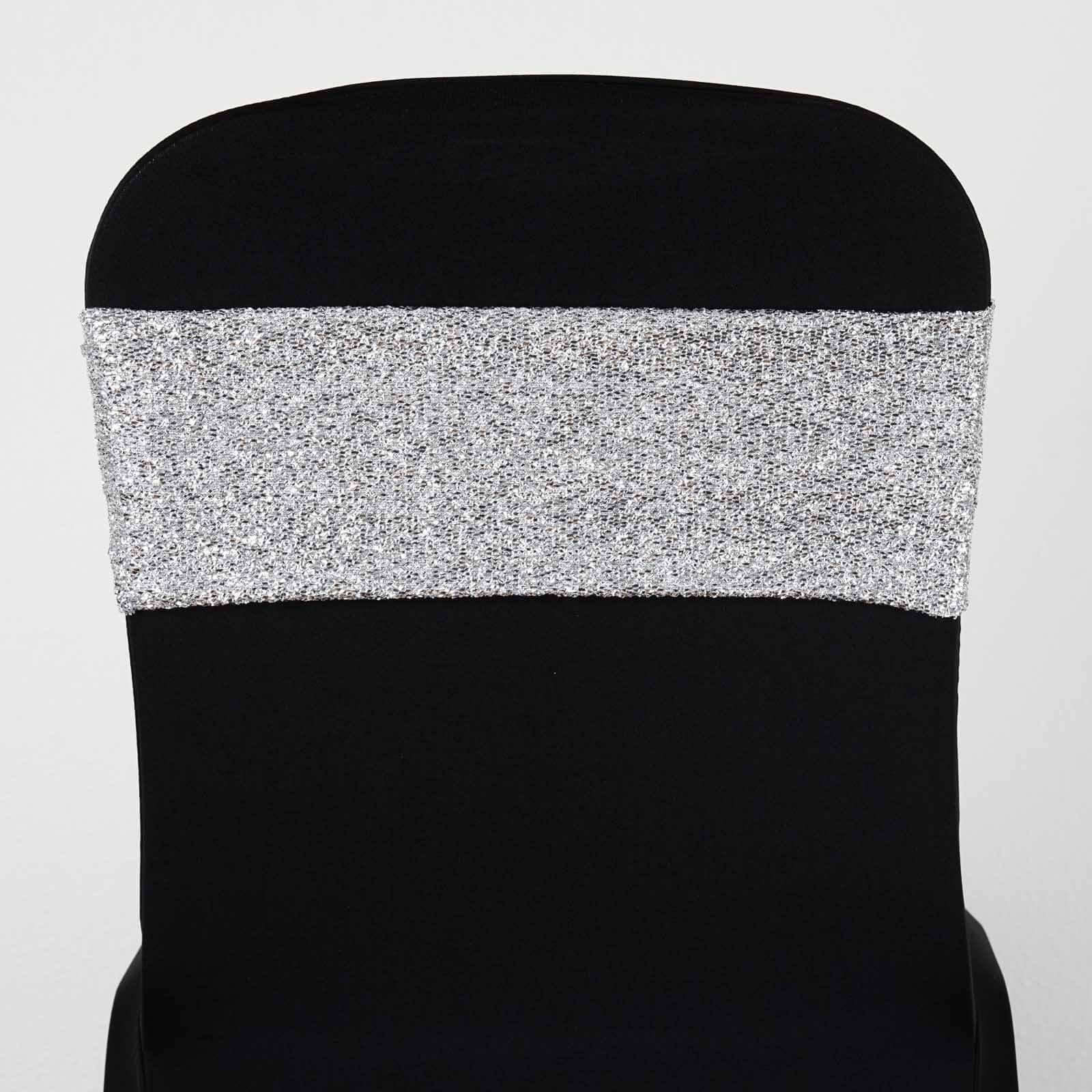 5 Pack Metallic Shimmer Tinsel Spandex Chair Sashes Silver - Durable and Reusable Stretch Chair Bands
