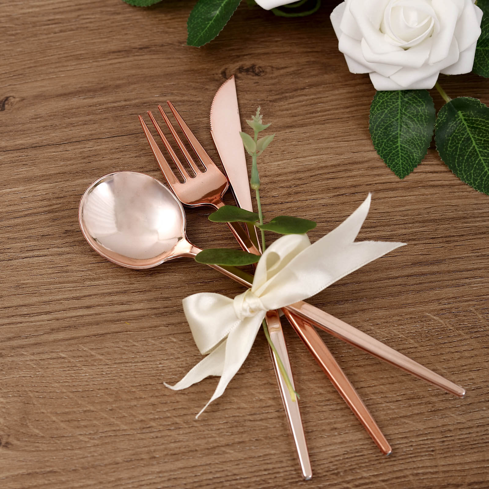24-Pack Plastic Flatware Set with Sleek Modern Design Rose Gold - Premium Disposable Silverware 8"