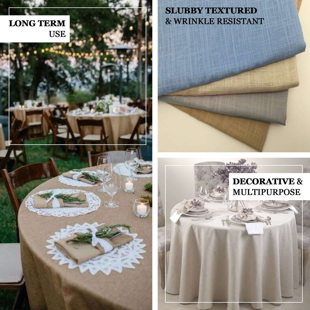 Faux Linen 120" Round Tablecloth Blue - Slubby Texture Wrinkle-Resistant Seamless Table Cover