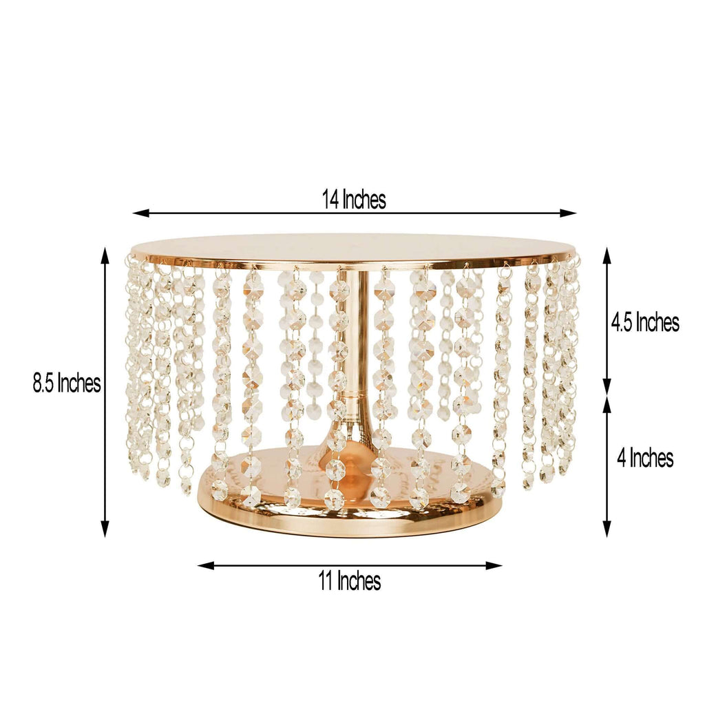 Metal Cake Stand Round Design Metallic Gold with Crystal Chains 14" Dia - Cupcake Dessert Pedestal 8" Tall