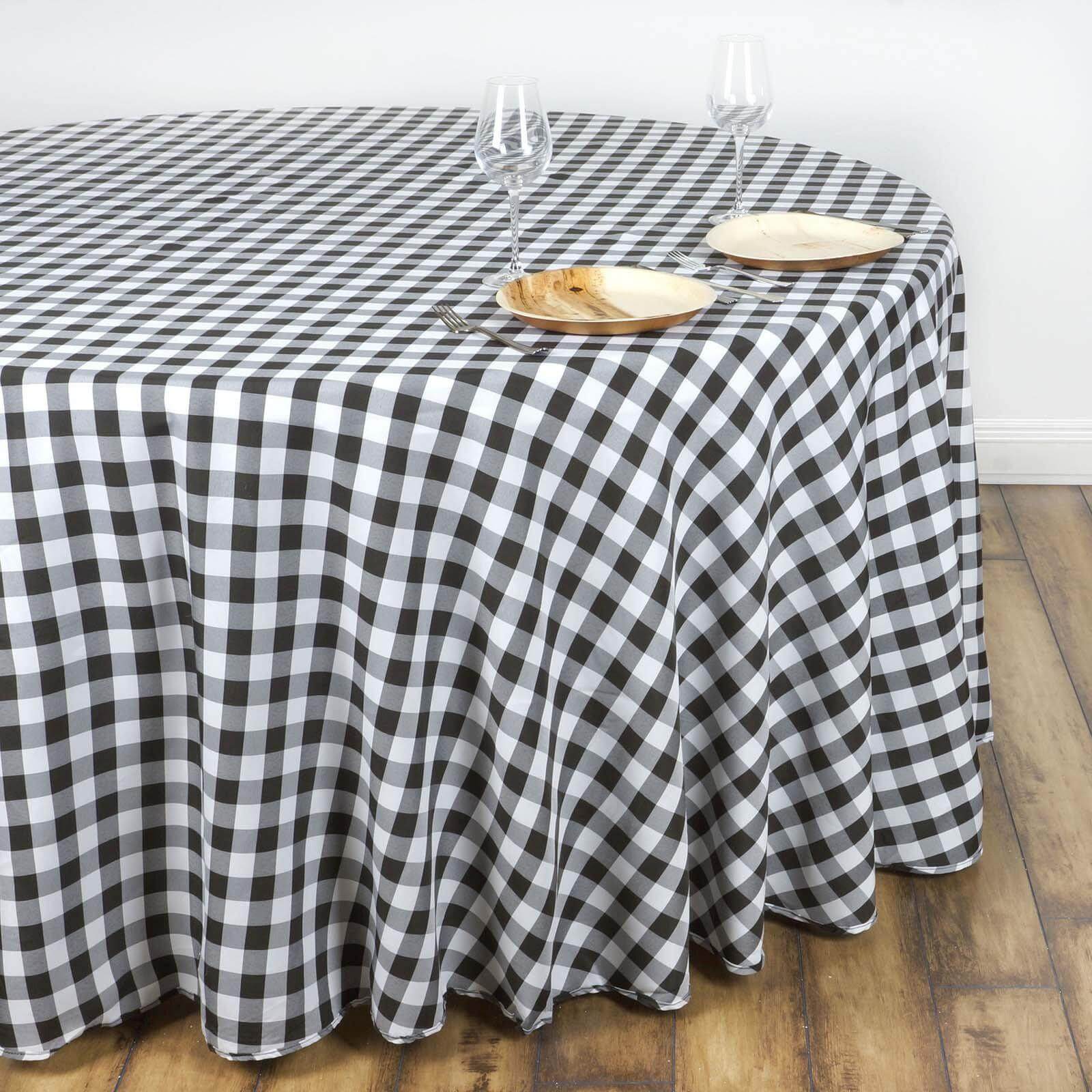 Polyester 108" Round Tablecloth White/Black - Checkered Buffalo Plaid Table Cover
