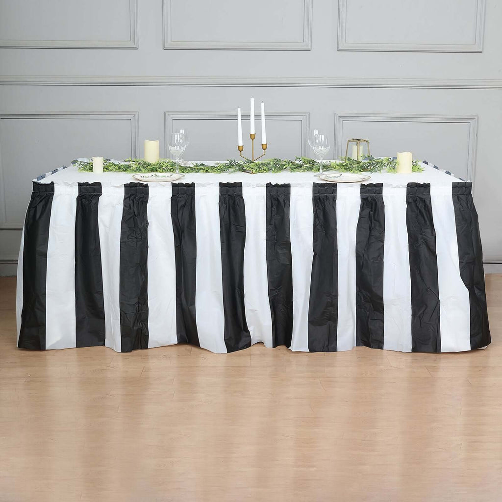 Plastic Table Skirt White/Black Stripe - Reliable Disposable Skirt for Parties 14ft 10 Mil