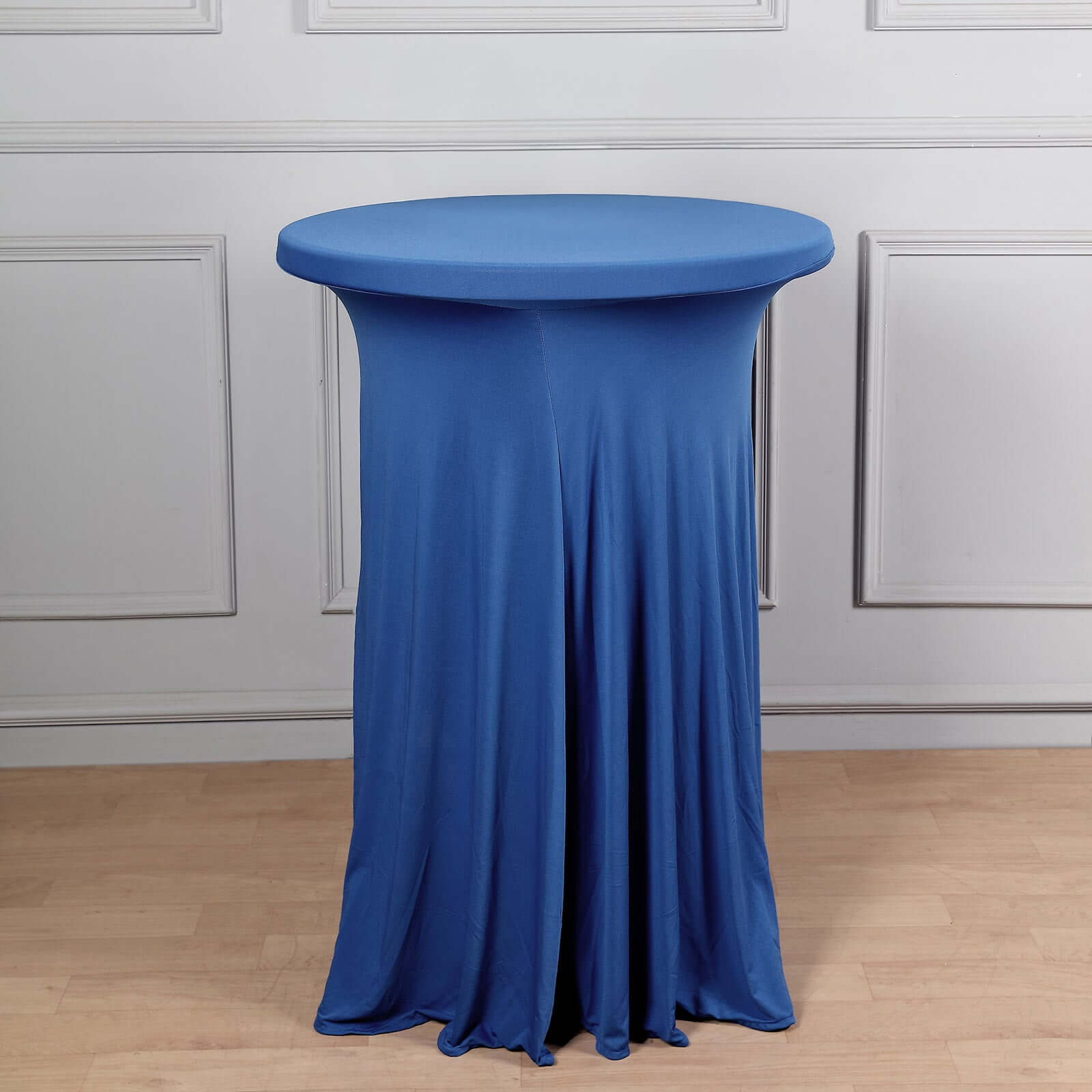 Spandex 30" Round Cocktail Table Cover Skirt Royal Blue With Natural Wavy Drapes