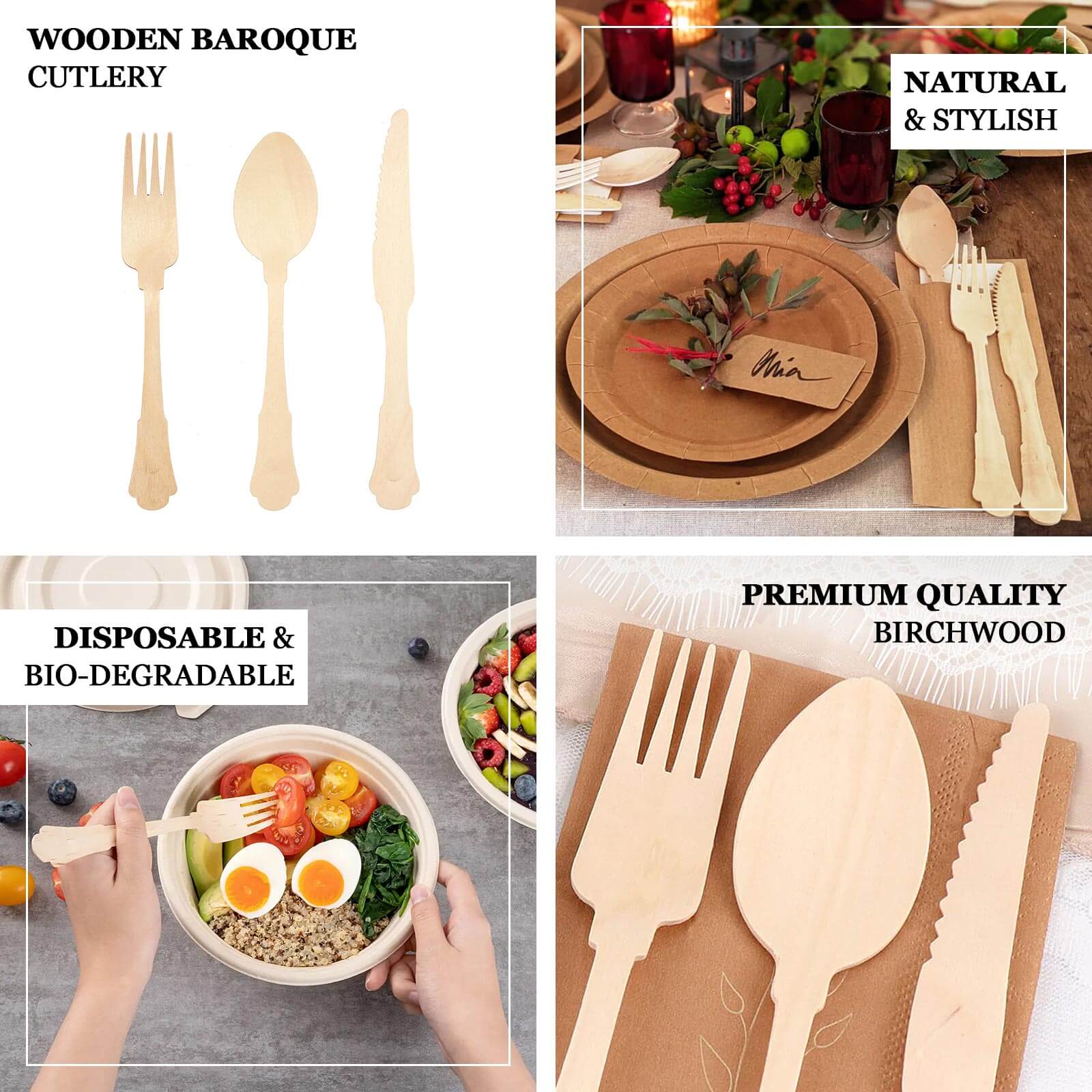 24-Pack Birchwood Utensils Set in Natural Vintage Baroque Design - Eco Friendly Biodegradable Wooden Forks, Spoons & Knives for Rustic Themes & Outdoor Parties