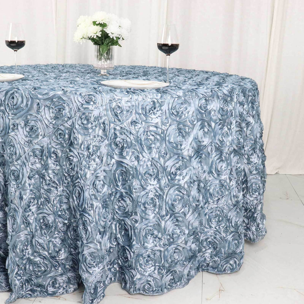 Satin 120" Round Tablecloth Dusty Blue - Grandiose 3D Rosette with Seamless Finish Table Cover - Bell Racket Store