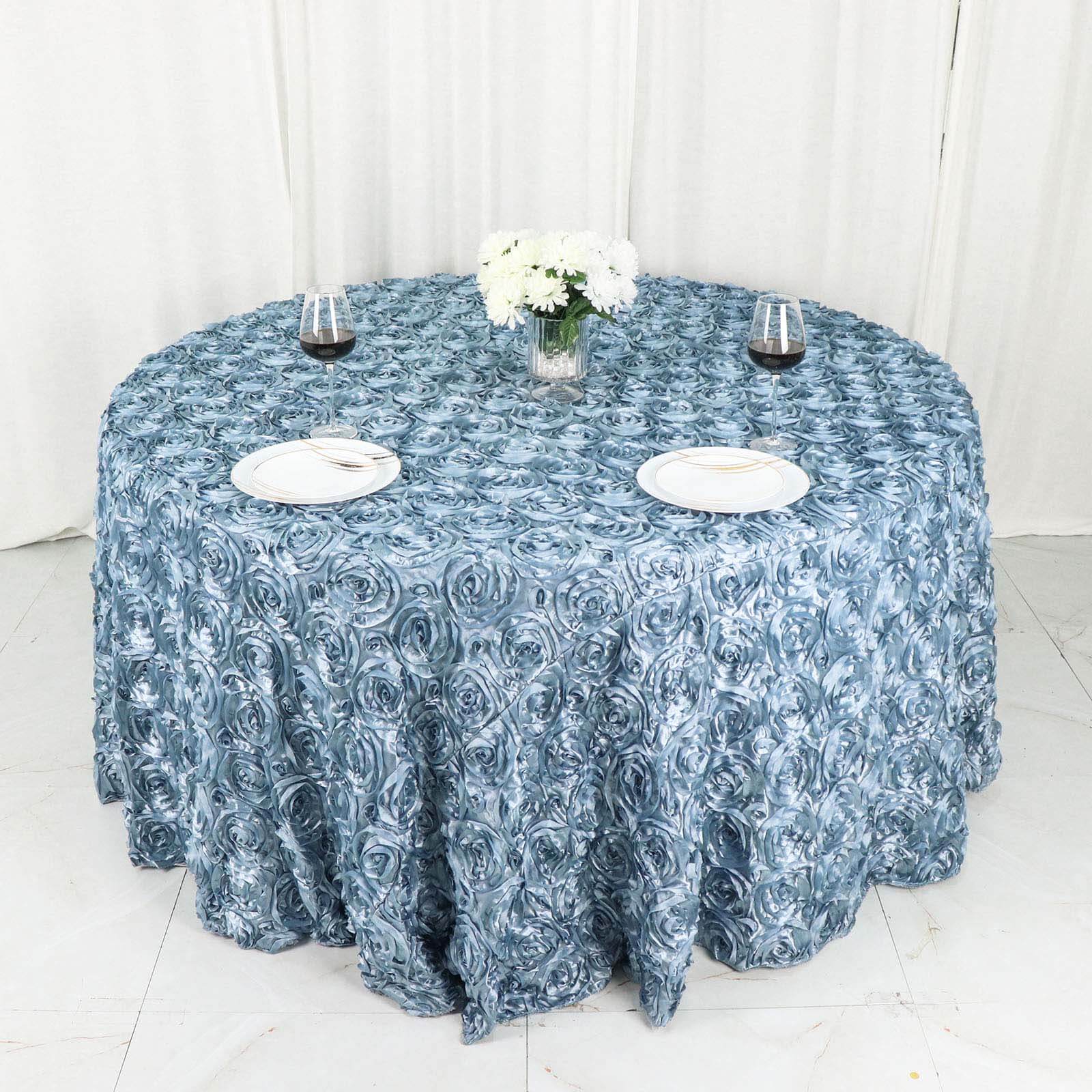 Satin 120" Round Tablecloth Dusty Blue - Grandiose 3D Rosette with Seamless Finish Table Cover - Bell Racket Store