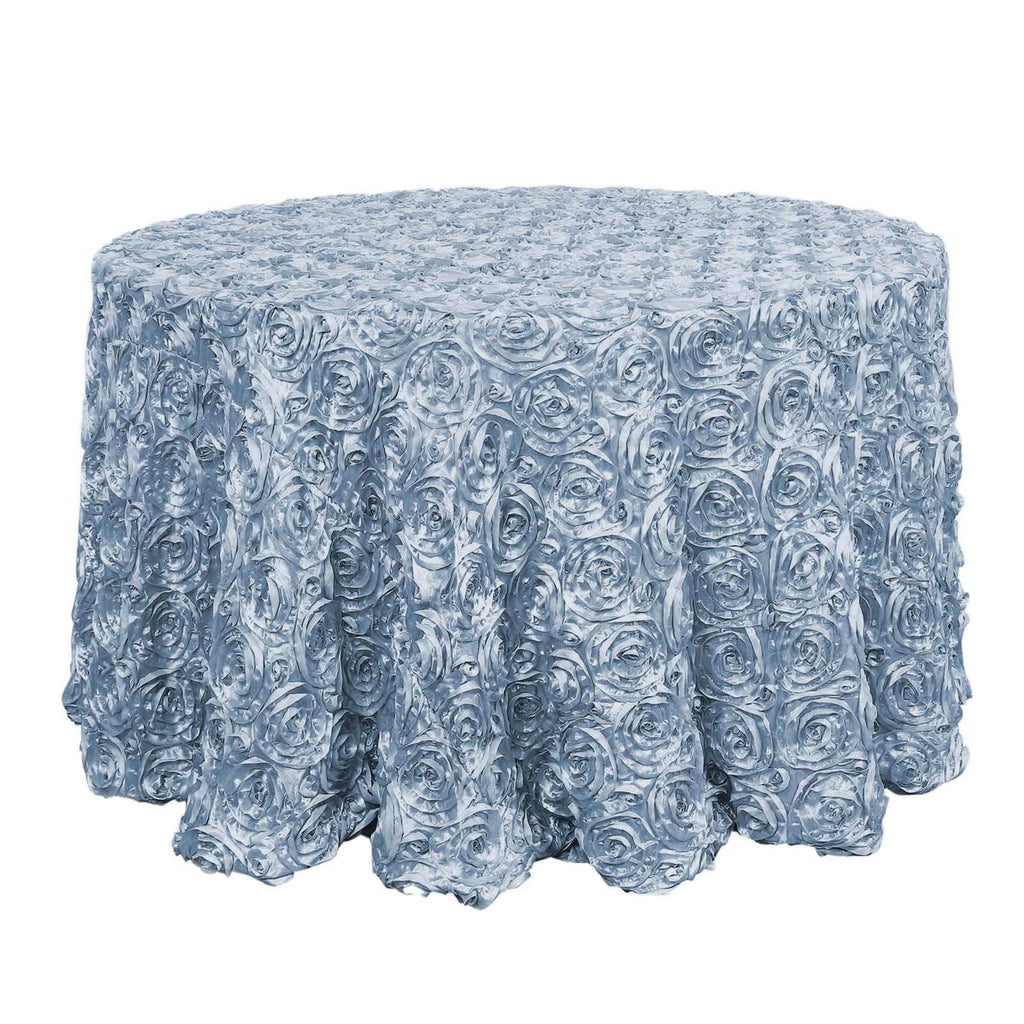 Satin 120" Round Tablecloth Dusty Blue - Grandiose 3D Rosette with Seamless Finish Table Cover - Bell Racket Store