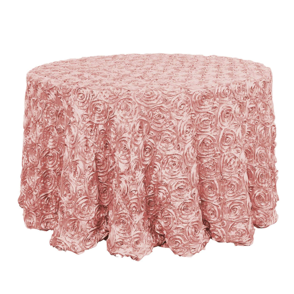 Satin 120" Round Tablecloth Dusty Rose - Grandiose 3D Rosette with Seamless Finish Table Cover - Bell Racket Store