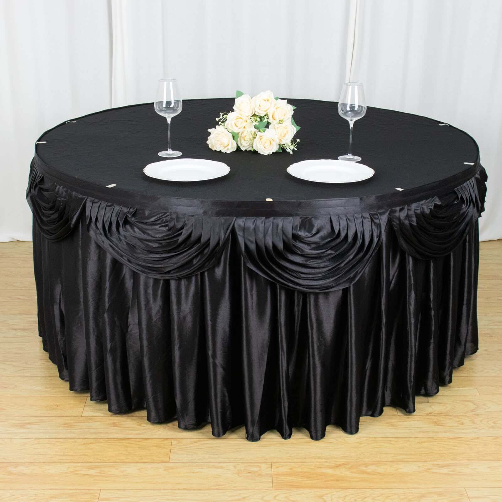 Satin 14ft Table Skirt Black Pleated Double Drape Design - Soft & Graceful for Events - Bell Racket Store