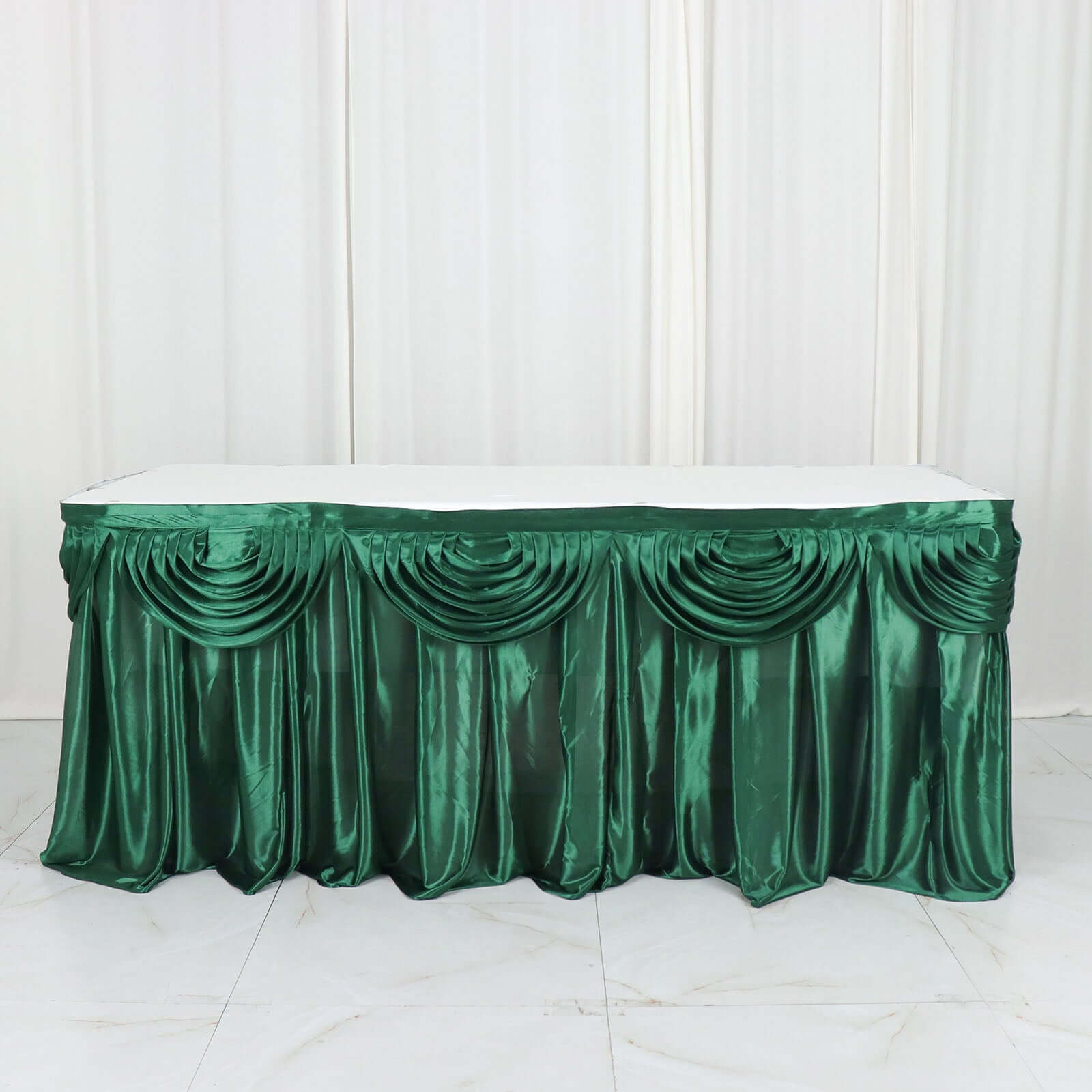 Satin 14ft Table Skirt Hunter Emerald Green - Pleated Double Drape Table Cover - Bell Racket Store