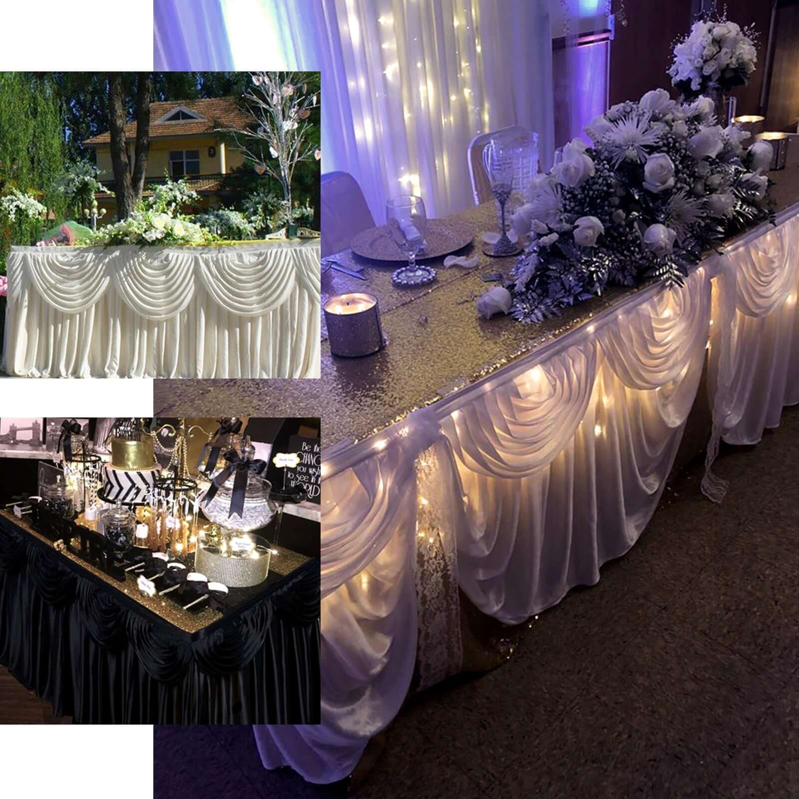 Satin 14ft Table Skirt Peacock Teal - Pleated Double Drape Table Cover - Bell Racket Store