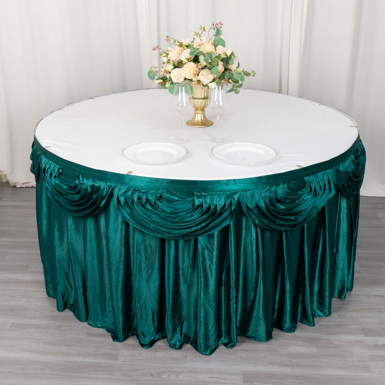 Satin 14ft Table Skirt Peacock Teal - Pleated Double Drape Table Cover - Bell Racket Store