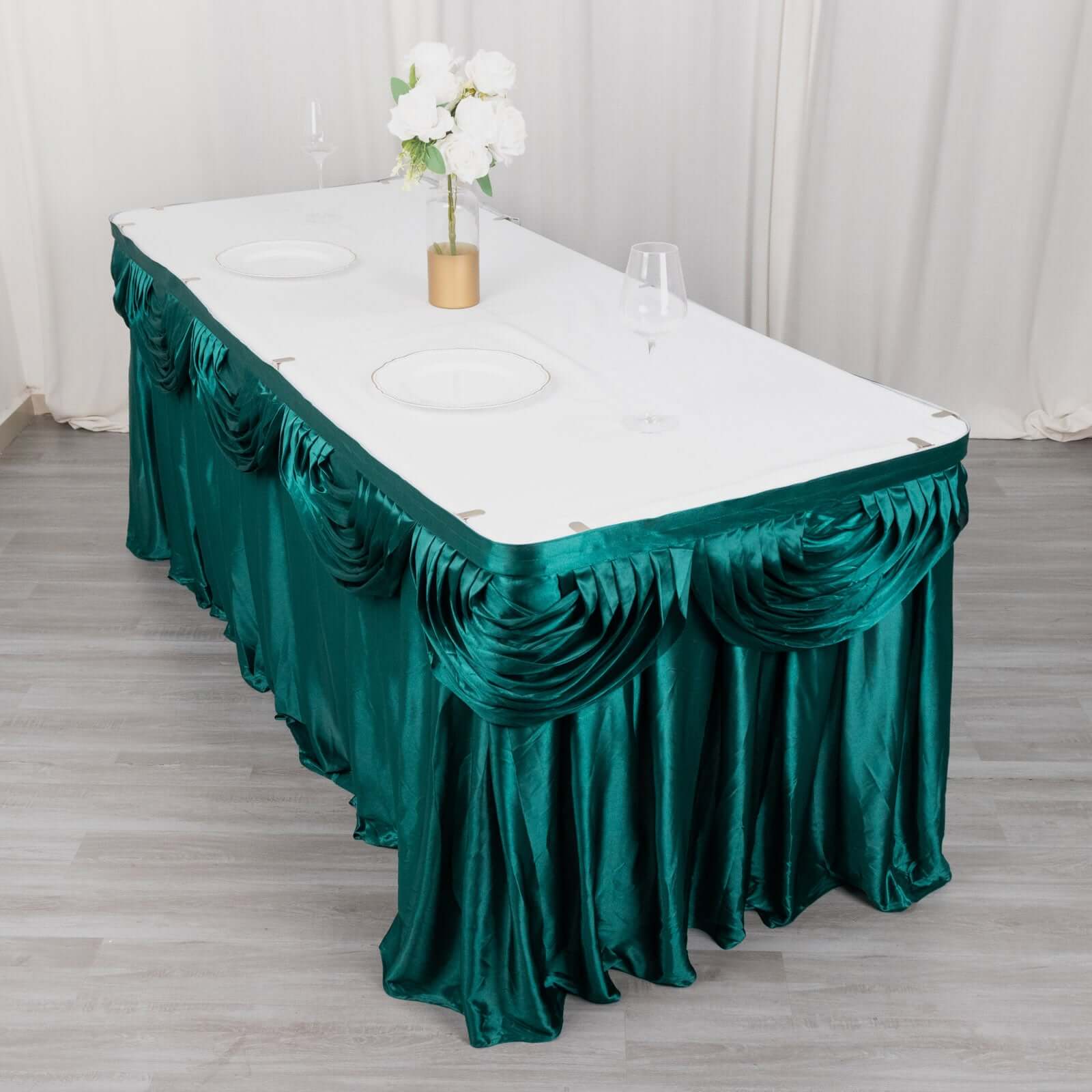 Satin 14ft Table Skirt Peacock Teal - Pleated Double Drape Table Cover - Bell Racket Store